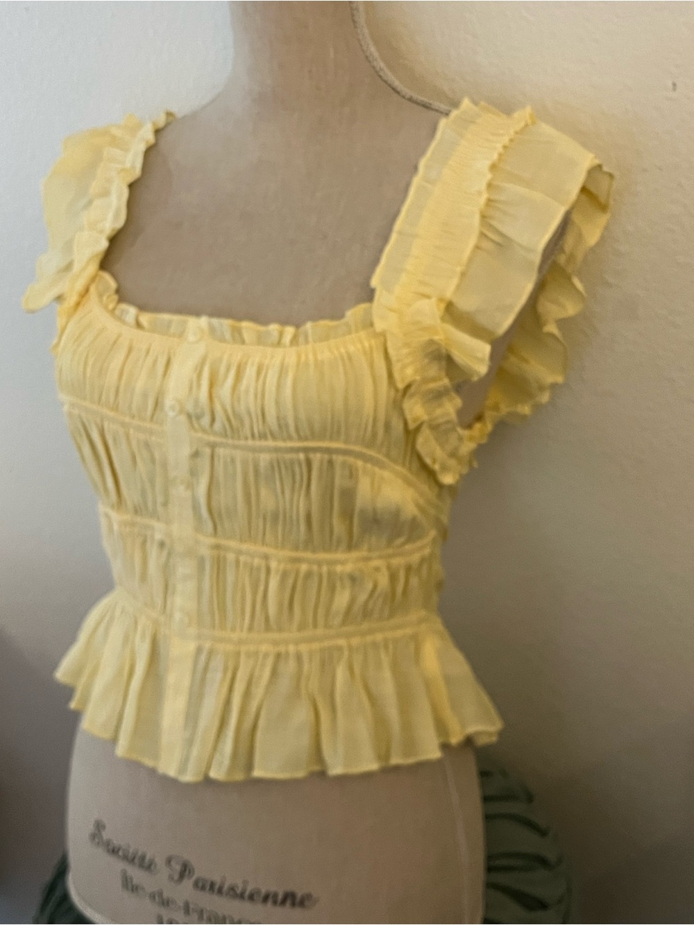 Smocked Yellow Ruffle Crop Top with Button Front - Picture 2 of 5